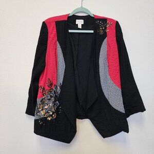 Chico's Jacket Blazer Women 2 Colorblock Artsy Boho Floral Sequins Patchwork